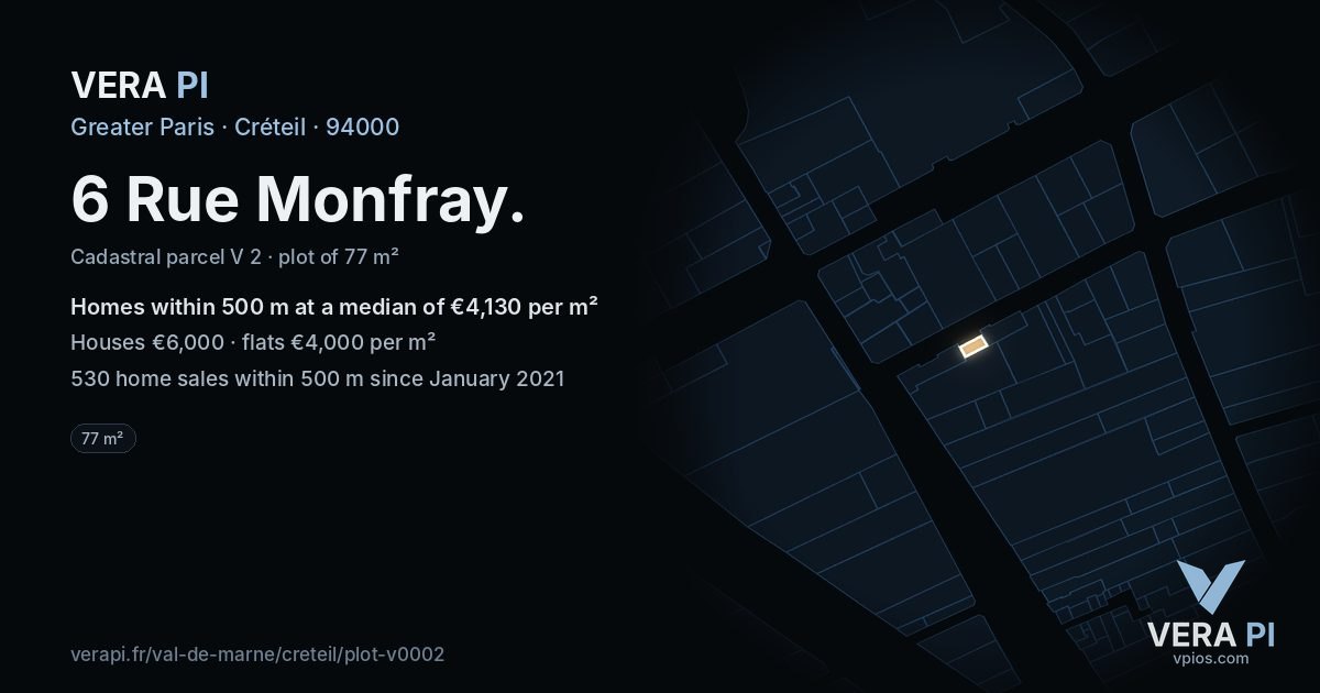 6 Rue Monfray, Créteil at night – the plot lit, the parcels around coloured by the prices near them