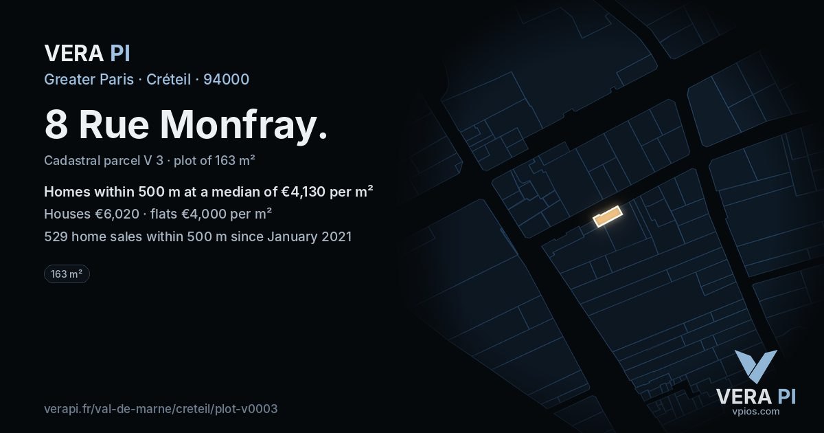 8 Rue Monfray, Créteil at night – the plot lit, the parcels around coloured by the prices near them
