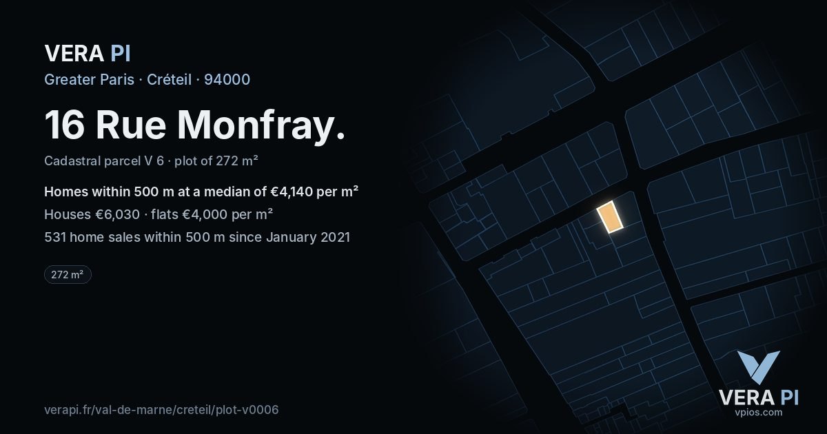 16 Rue Monfray, Créteil at night – the plot lit, the parcels around coloured by the prices near them