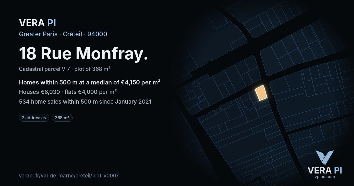 18 Rue Monfray, Créteil at night – the plot lit, the parcels around coloured by the prices near them