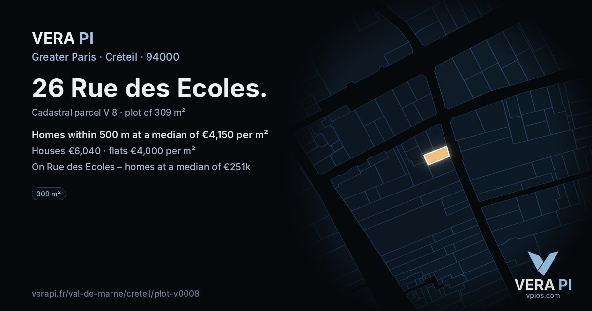 26 Rue des Ecoles, Créteil at night – the plot lit, the parcels around coloured by the prices near them