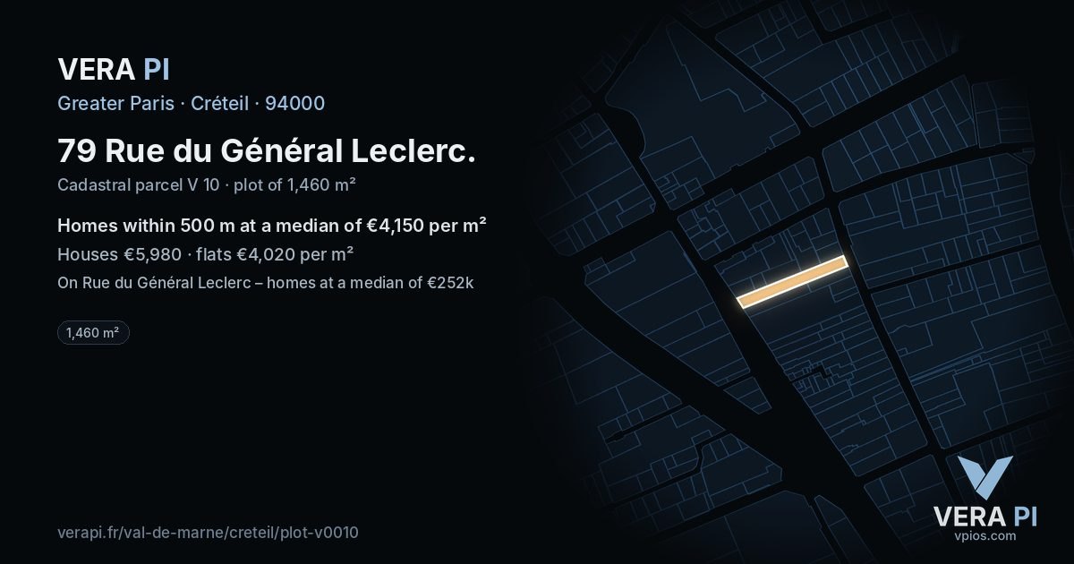 79 Rue du Général Leclerc, Créteil at night – the plot lit, the parcels around coloured by the prices near them
