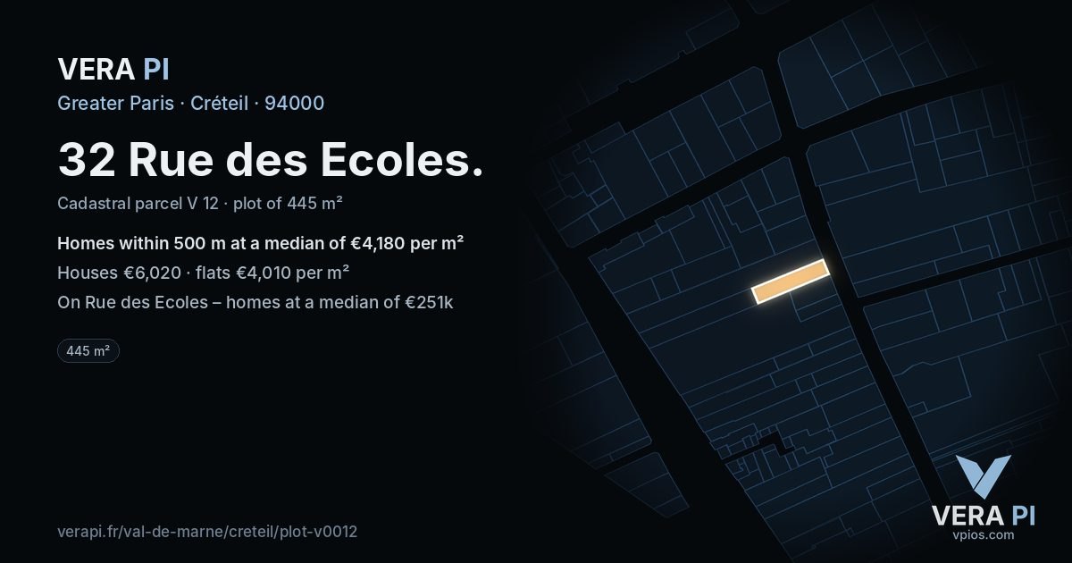 32 Rue des Ecoles, Créteil at night – the plot lit, the parcels around coloured by the prices near them