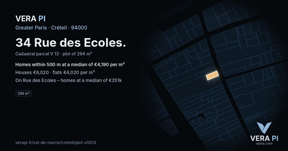 34 Rue des Ecoles, Créteil at night – the plot lit, the parcels around coloured by the prices near them