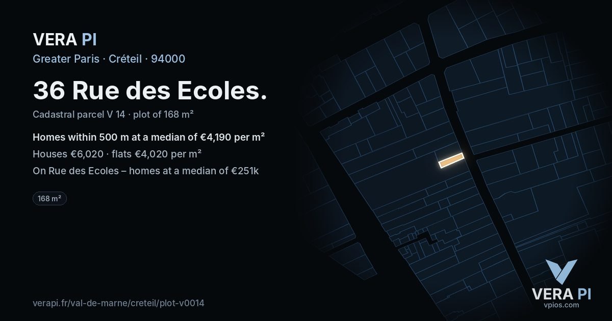 36 Rue des Ecoles, Créteil at night – the plot lit, the parcels around coloured by the prices near them