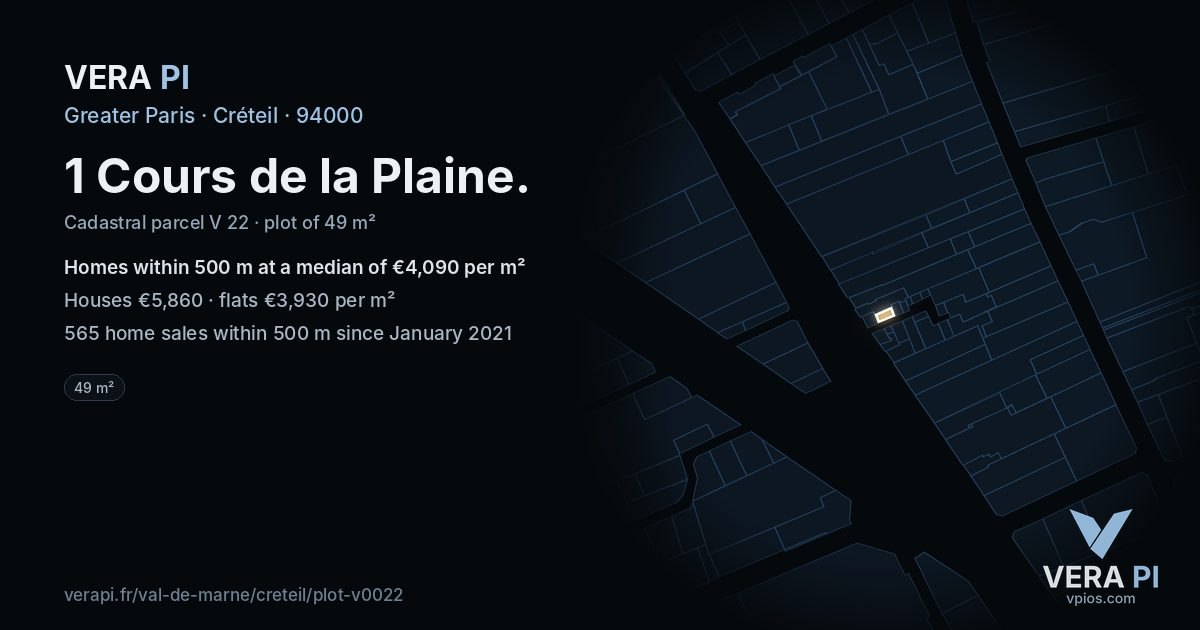 1 Cours de la Plaine, Créteil at night – the plot lit, the parcels around coloured by the prices near them