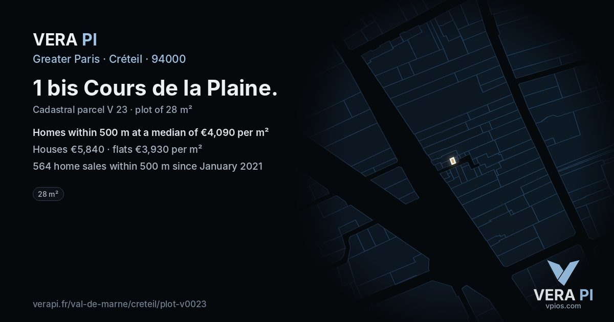 1 bis Cours de la Plaine, Créteil at night – the plot lit, the parcels around coloured by the prices near them