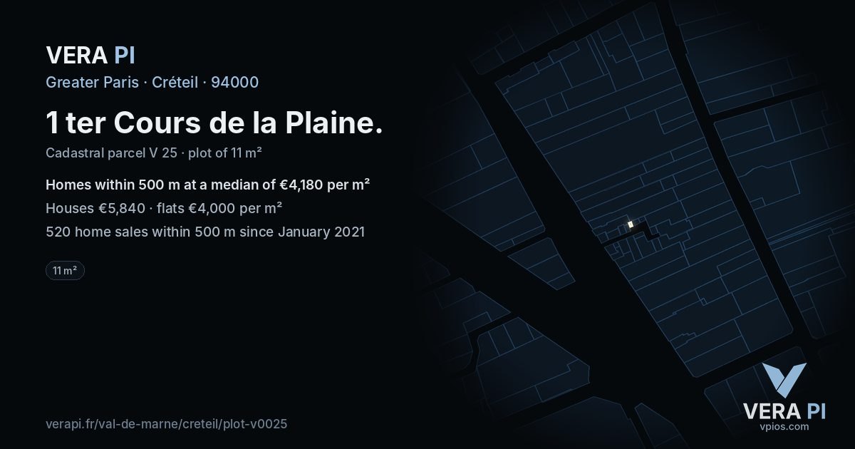 1 ter Cours de la Plaine, Créteil at night – the plot lit, the parcels around coloured by the prices near them