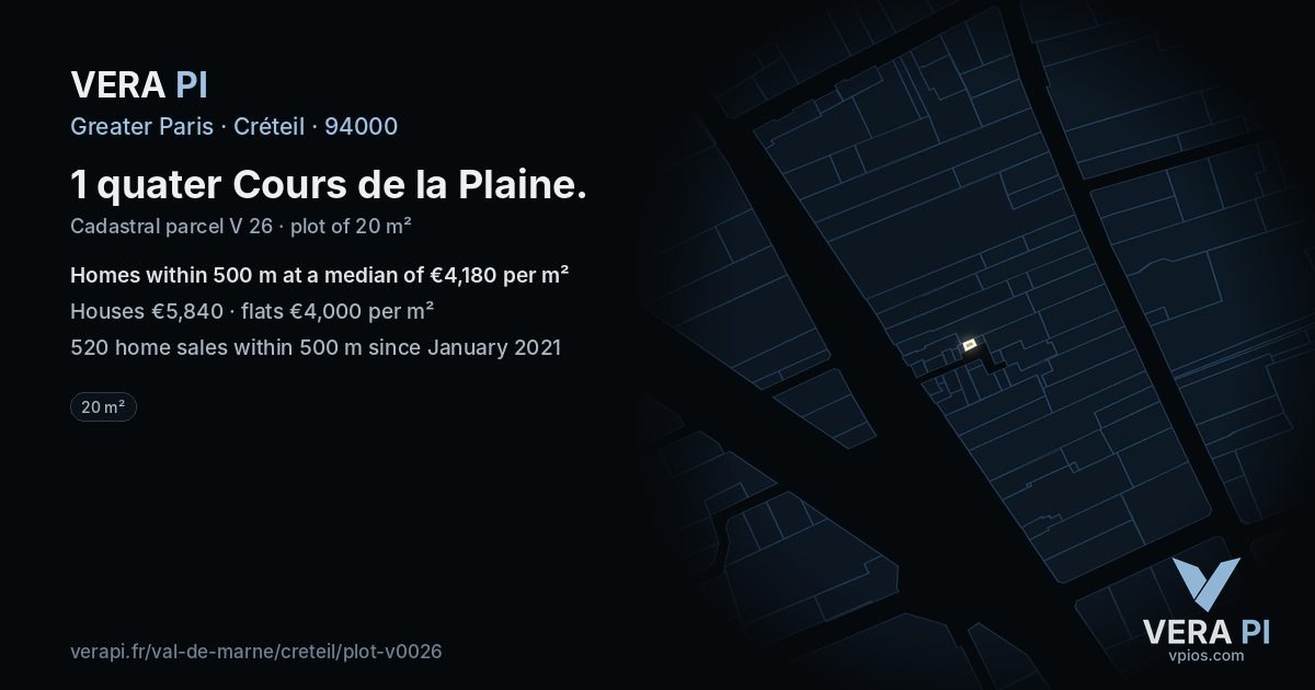 1 quater Cours de la Plaine, Créteil at night – the plot lit, the parcels around coloured by the prices near them
