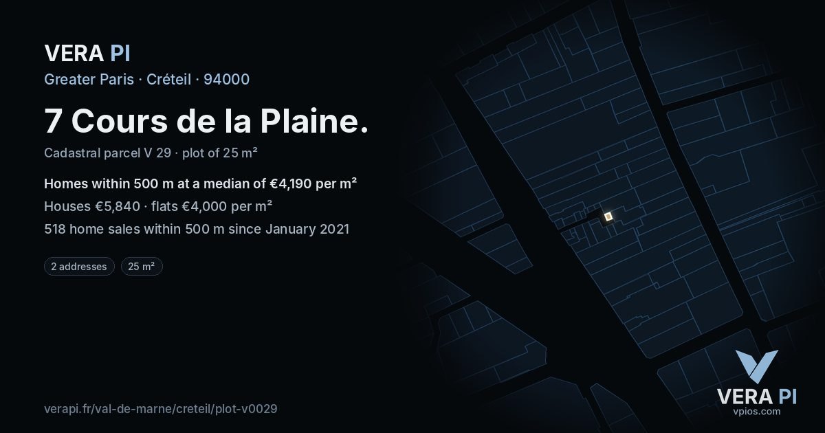 7 Cours de la Plaine, Créteil at night – the plot lit, the parcels around coloured by the prices near them