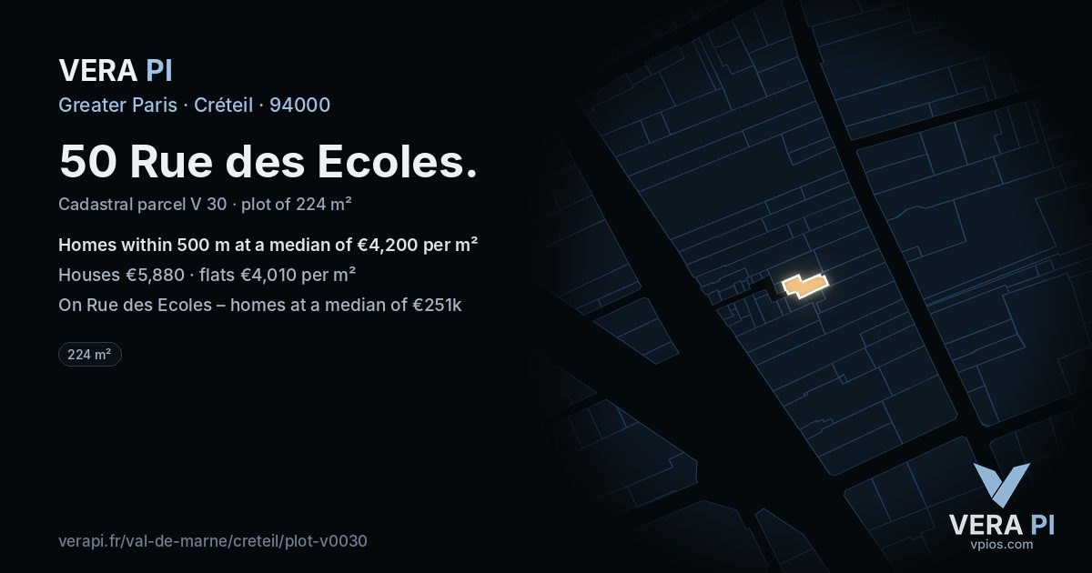 50 Rue des Ecoles, Créteil at night – the plot lit, the parcels around coloured by the prices near them