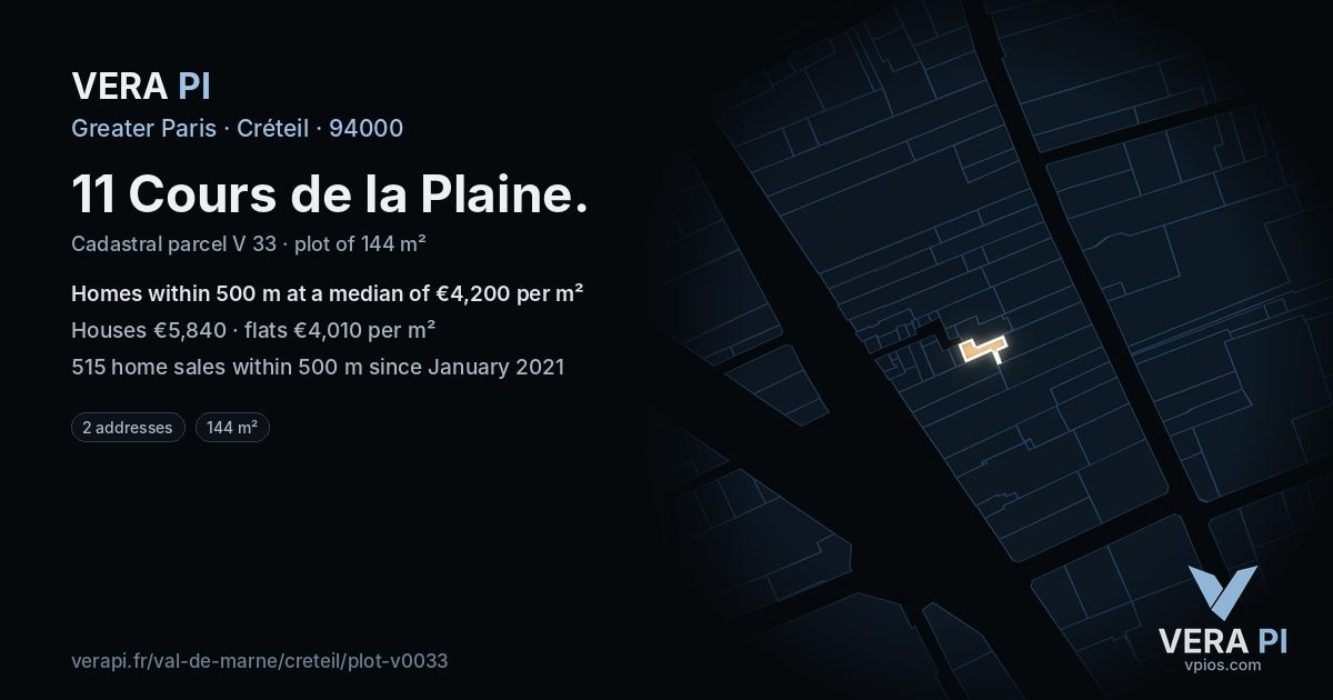 11 Cours de la Plaine, Créteil at night – the plot lit, the parcels around coloured by the prices near them