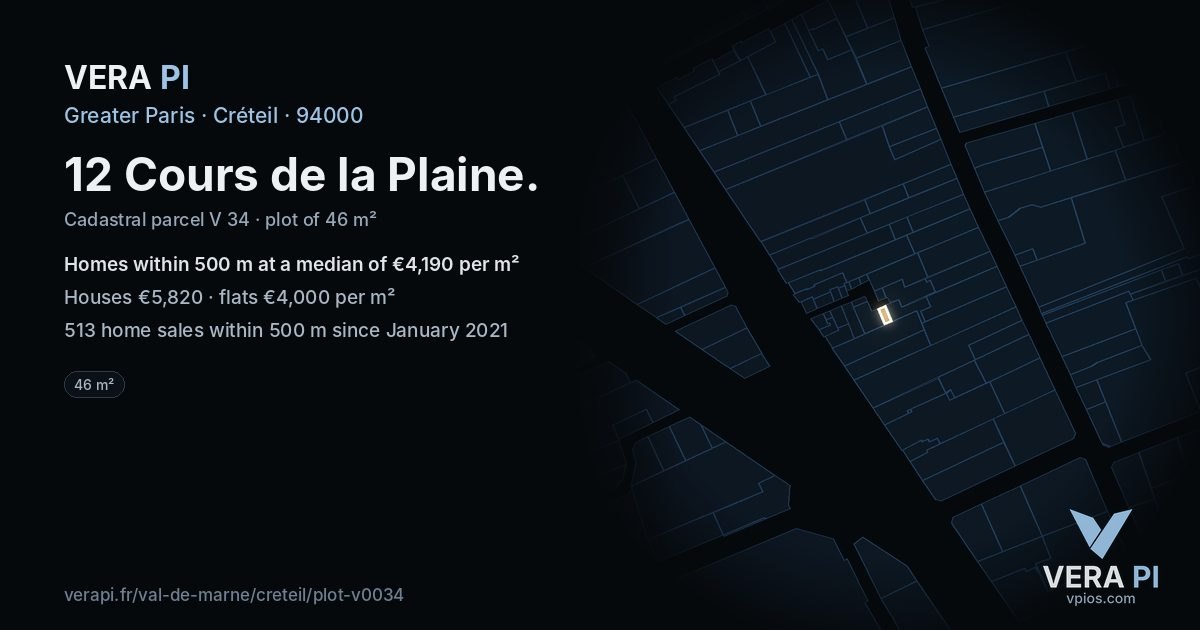 12 Cours de la Plaine, Créteil at night – the plot lit, the parcels around coloured by the prices near them