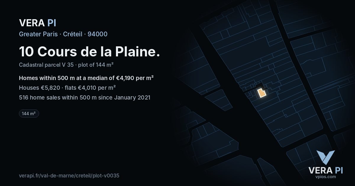 10 Cours de la Plaine, Créteil at night – the plot lit, the parcels around coloured by the prices near them