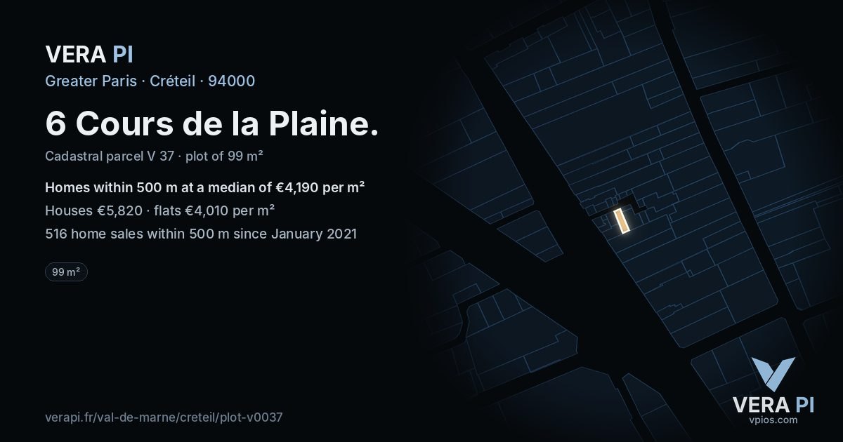 6 Cours de la Plaine, Créteil at night – the plot lit, the parcels around coloured by the prices near them
