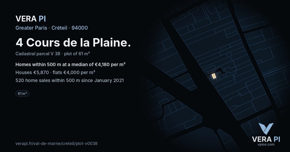 4 Cours de la Plaine, Créteil at night – the plot lit, the parcels around coloured by the prices near them