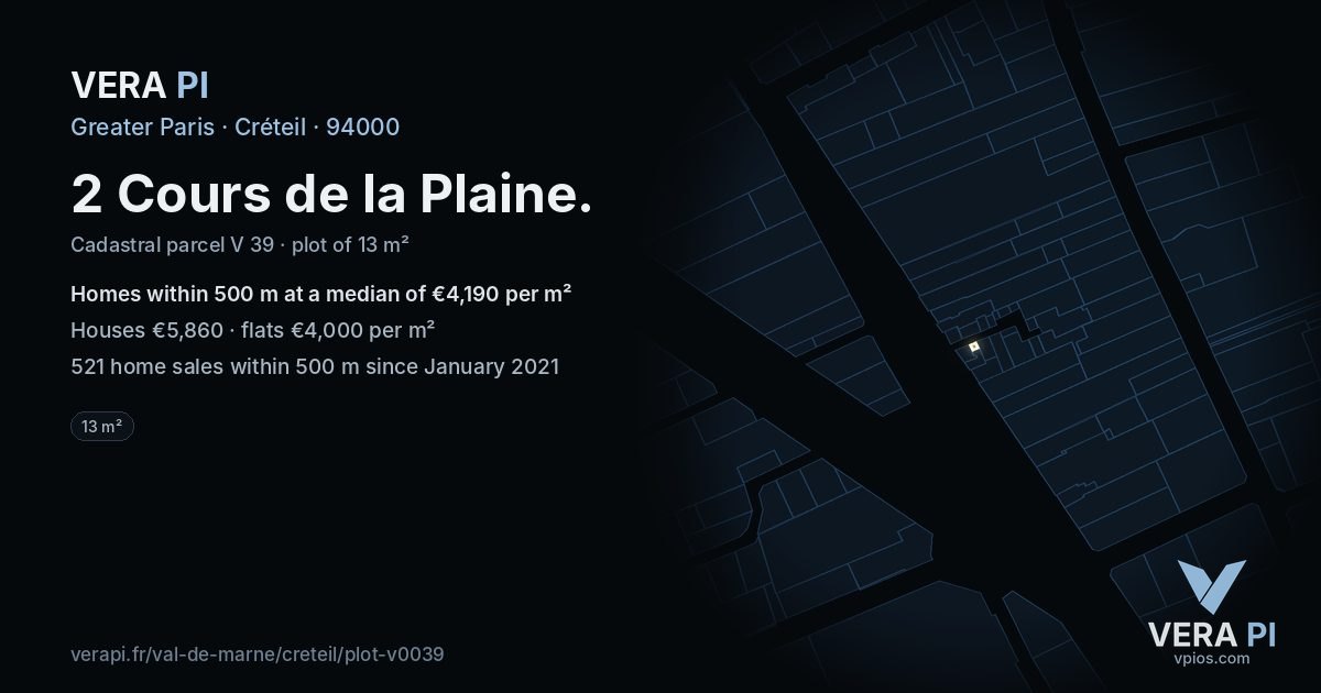 2 Cours de la Plaine, Créteil at night – the plot lit, the parcels around coloured by the prices near them