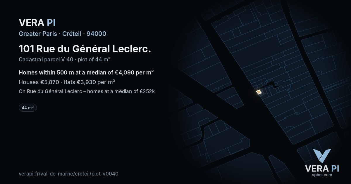 101 Rue du Général Leclerc, Créteil at night – the plot lit, the parcels around coloured by the prices near them