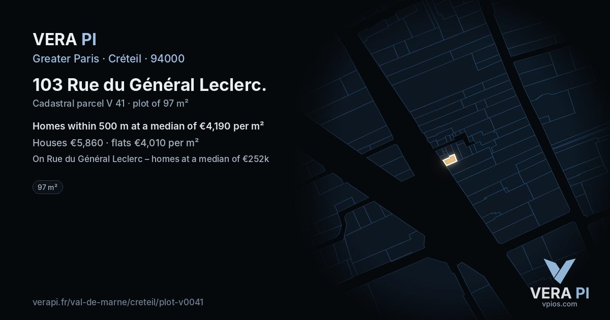 103 Rue du Général Leclerc, Créteil at night – the plot lit, the parcels around coloured by the prices near them