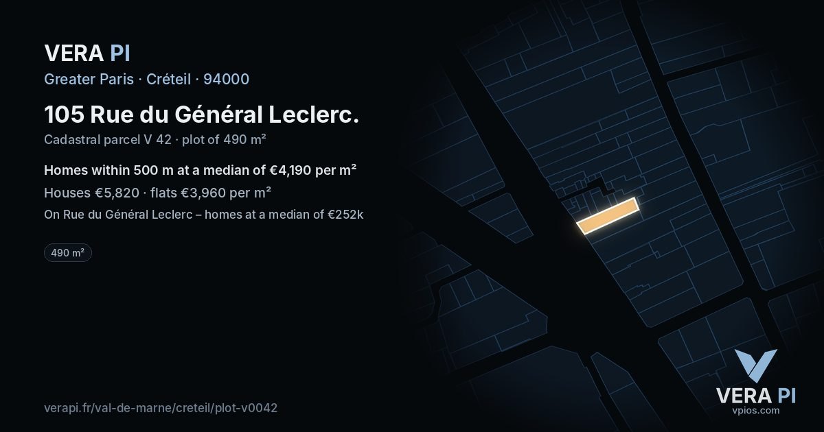 105 Rue du Général Leclerc, Créteil at night – the plot lit, the parcels around coloured by the prices near them