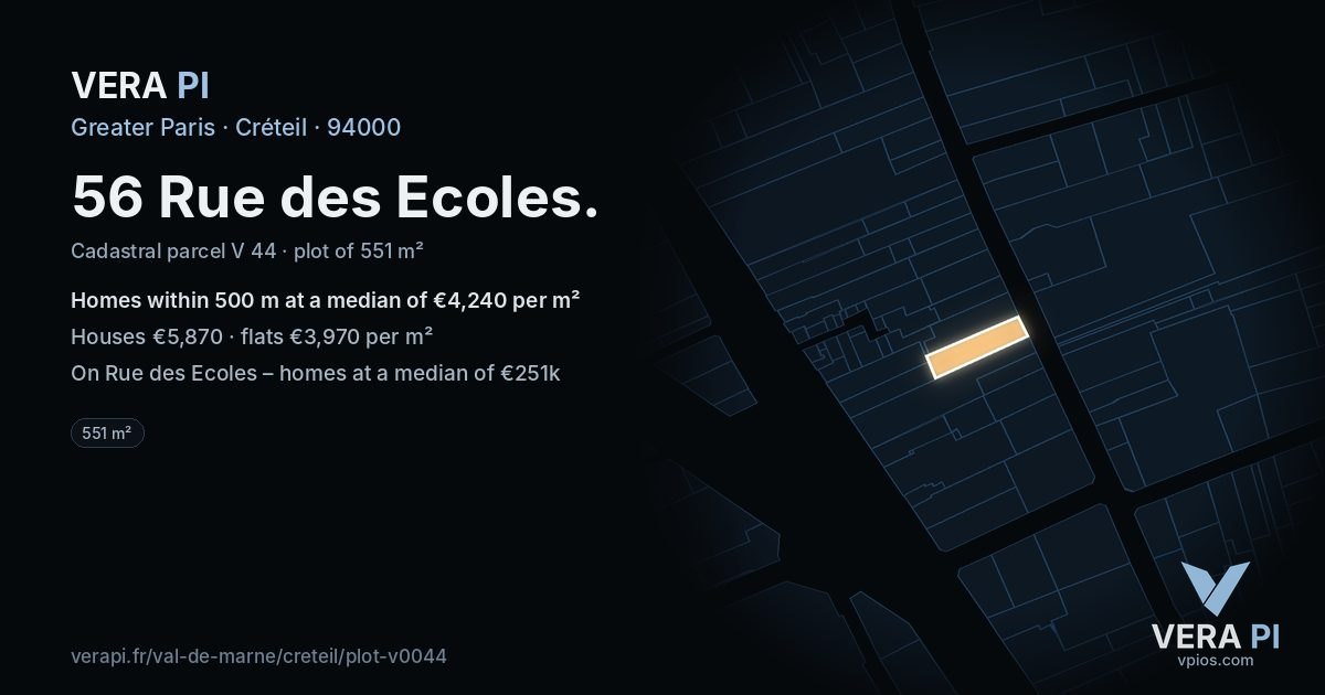 56 Rue des Ecoles, Créteil at night – the plot lit, the parcels around coloured by the prices near them