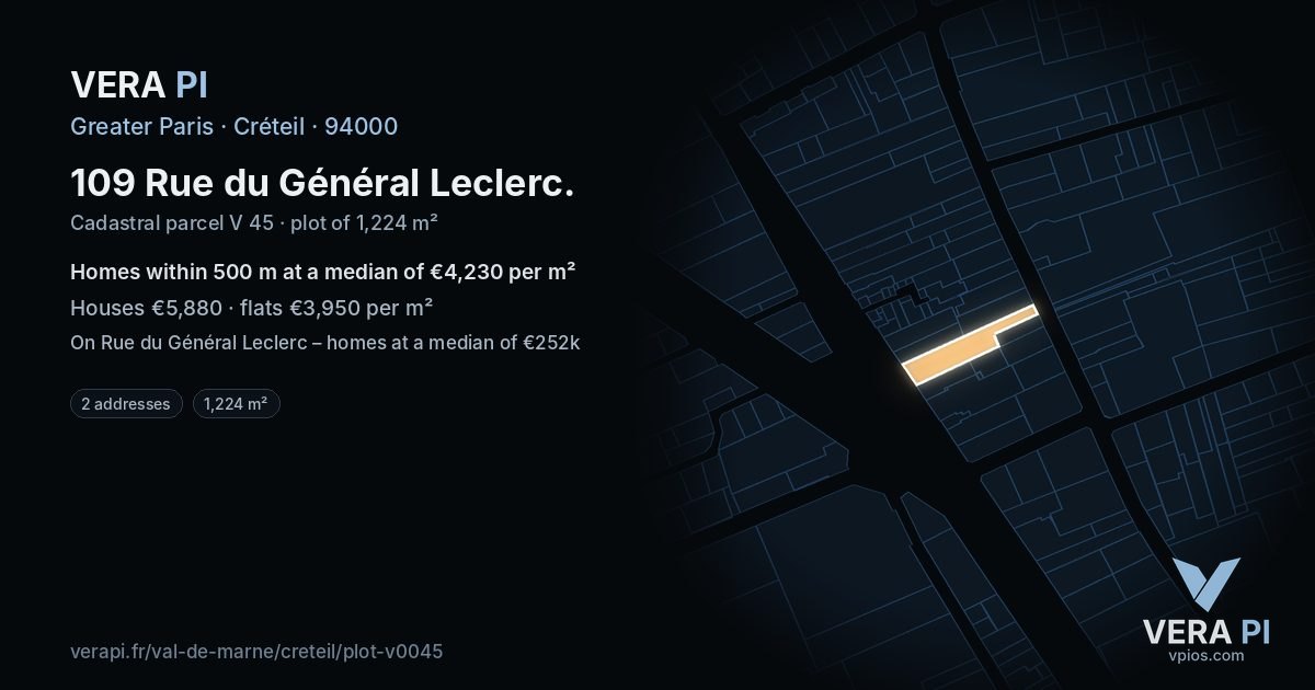 109 Rue du Général Leclerc, Créteil at night – the plot lit, the parcels around coloured by the prices near them