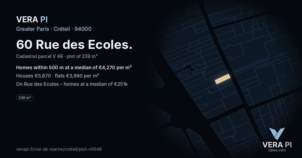 60 Rue des Ecoles, Créteil at night – the plot lit, the parcels around coloured by the prices near them