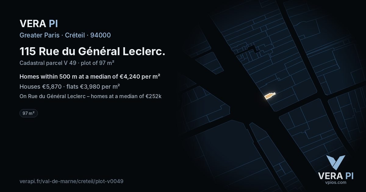 115 Rue du Général Leclerc, Créteil at night – the plot lit, the parcels around coloured by the prices near them