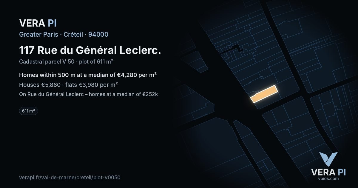 117 Rue du Général Leclerc, Créteil at night – the plot lit, the parcels around coloured by the prices near them