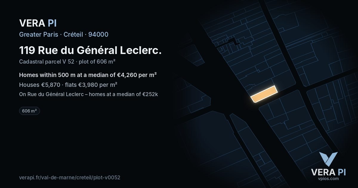 119 Rue du Général Leclerc, Créteil at night – the plot lit, the parcels around coloured by the prices near them