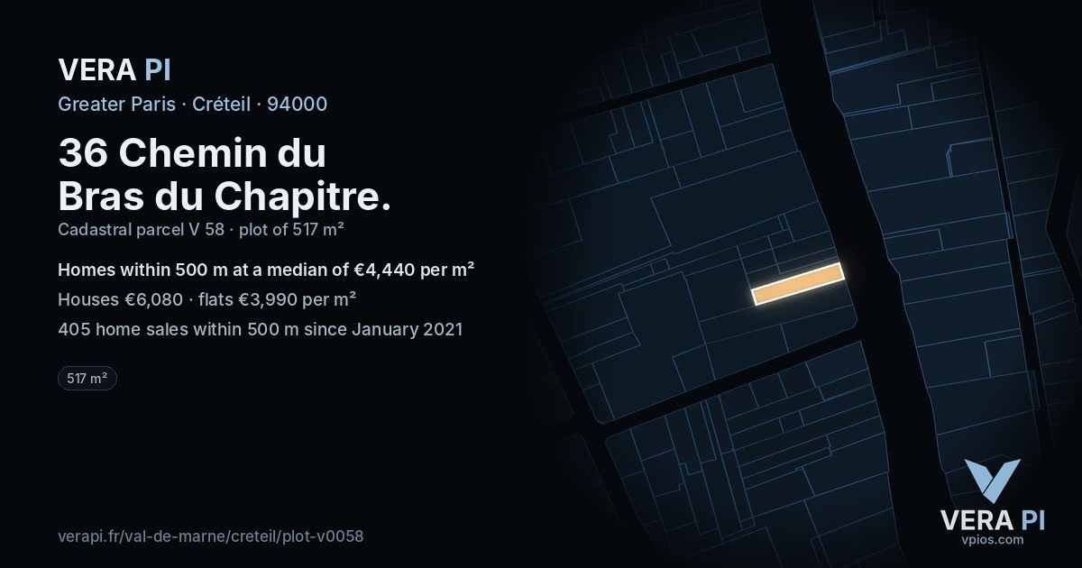 36 Chemin du Bras du Chapitre, Créteil at night – the plot lit, the parcels around coloured by the prices near them