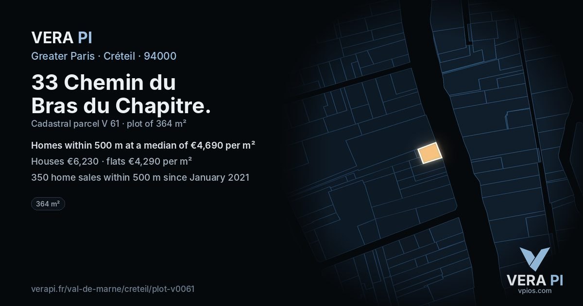 33 Chemin du Bras du Chapitre, Créteil at night – the plot lit, the parcels around coloured by the prices near them