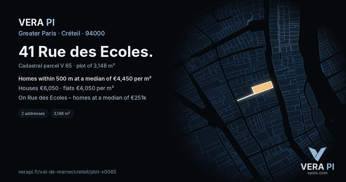 41 Rue des Ecoles, Créteil at night – the plot lit, the parcels around coloured by the prices near them
