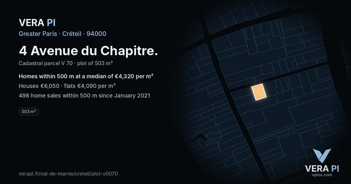 4 Avenue du Chapitre, Créteil at night – the plot lit, the parcels around coloured by the prices near them