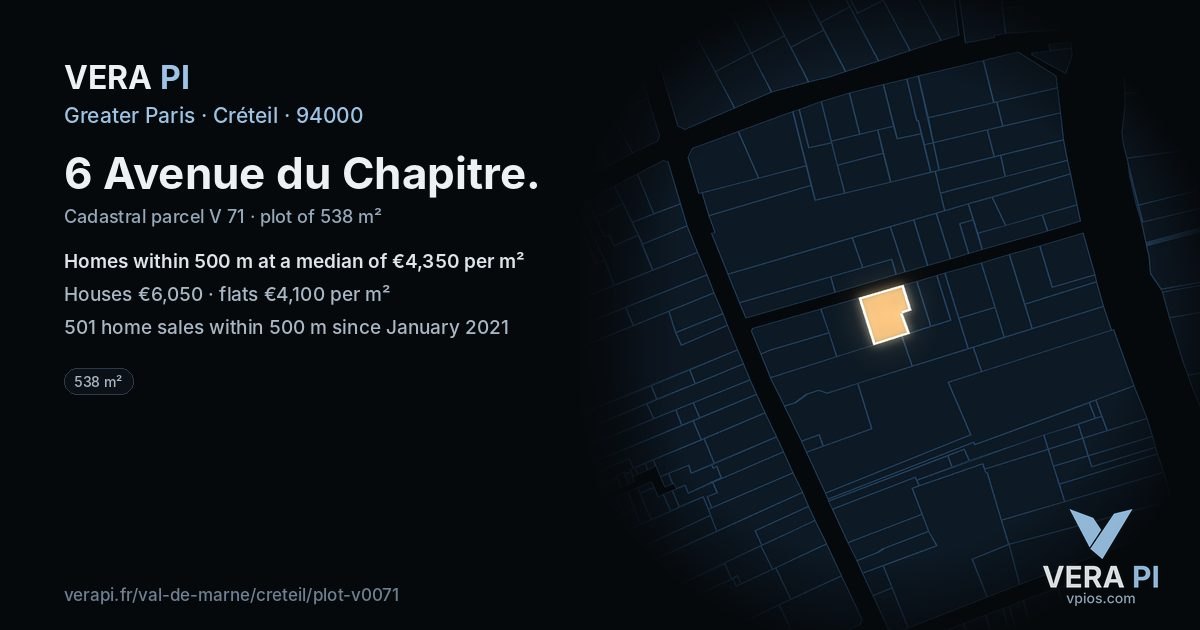 6 Avenue du Chapitre, Créteil at night – the plot lit, the parcels around coloured by the prices near them