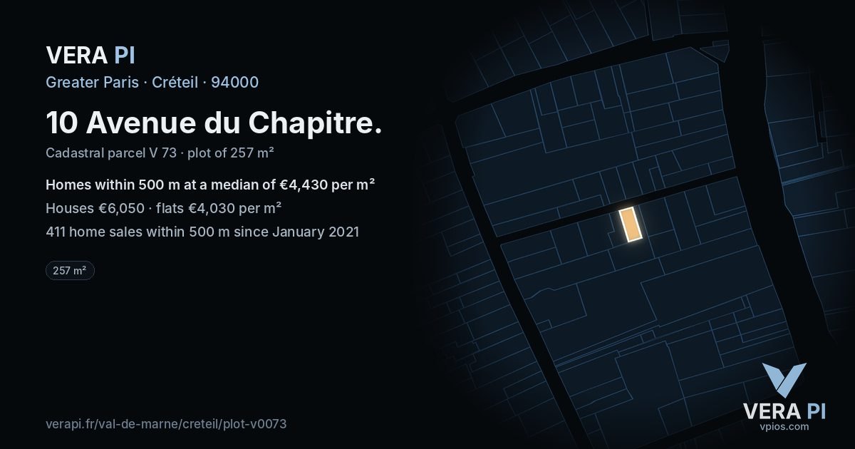 10 Avenue du Chapitre, Créteil at night – the plot lit, the parcels around coloured by the prices near them
