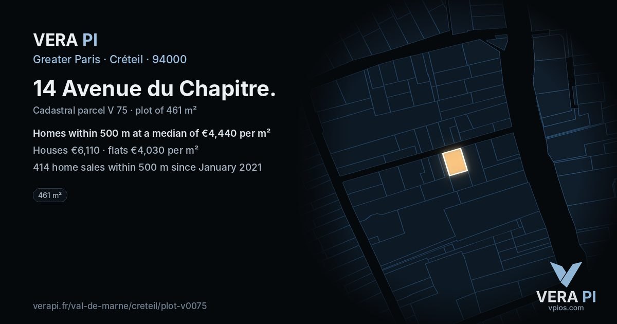 14 Avenue du Chapitre, Créteil at night – the plot lit, the parcels around coloured by the prices near them