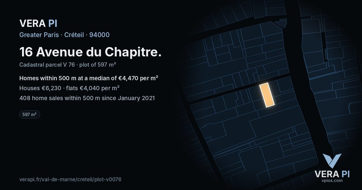 16 Avenue du Chapitre, Créteil at night – the plot lit, the parcels around coloured by the prices near them