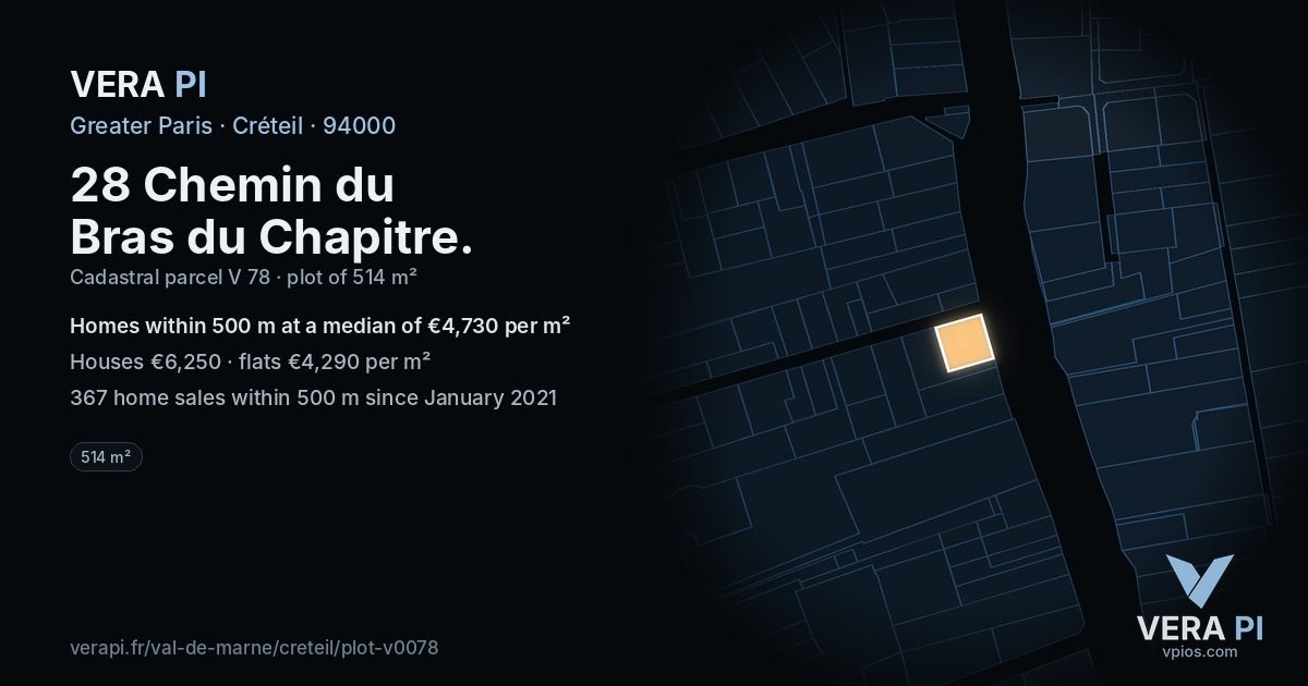 28 Chemin du Bras du Chapitre, Créteil at night – the plot lit, the parcels around coloured by the prices near them