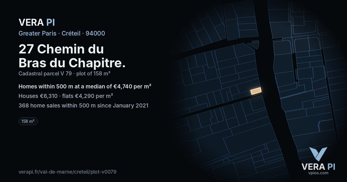 27 Chemin du Bras du Chapitre, Créteil at night – the plot lit, the parcels around coloured by the prices near them