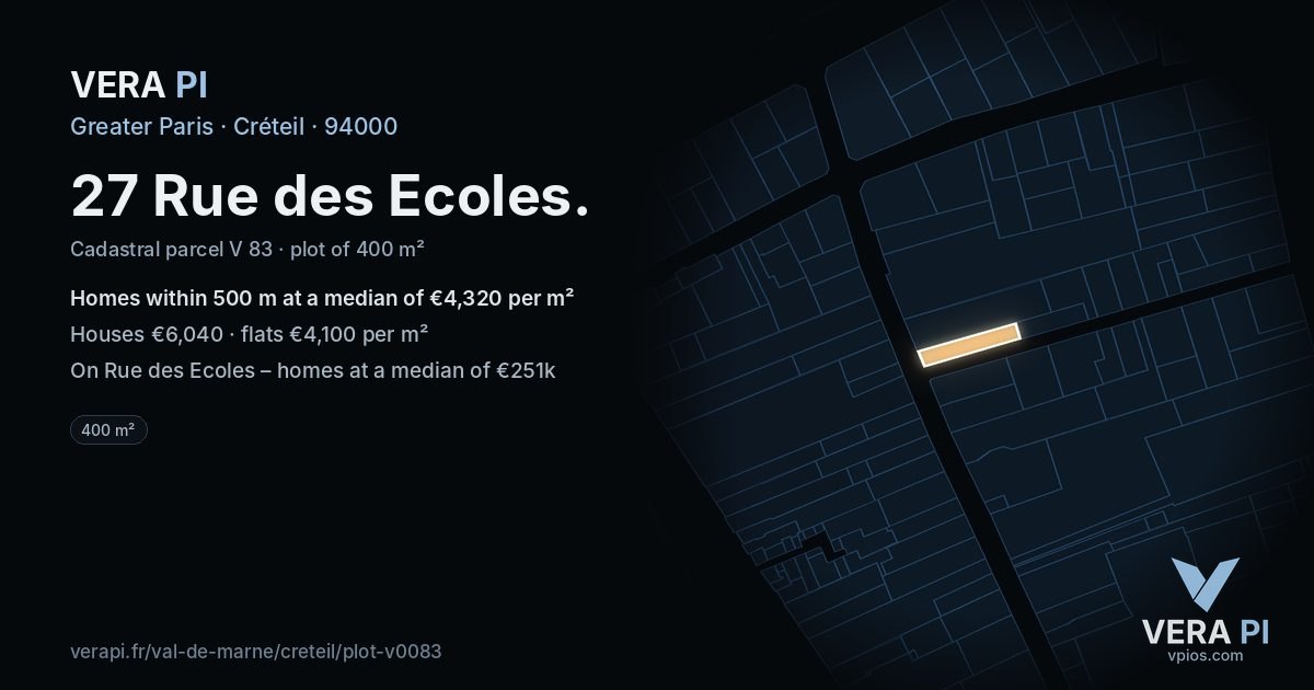 27 Rue des Ecoles, Créteil at night – the plot lit, the parcels around coloured by the prices near them