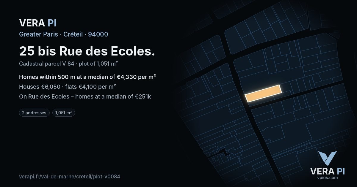 25 bis Rue des Ecoles, Créteil at night – the plot lit, the parcels around coloured by the prices near them