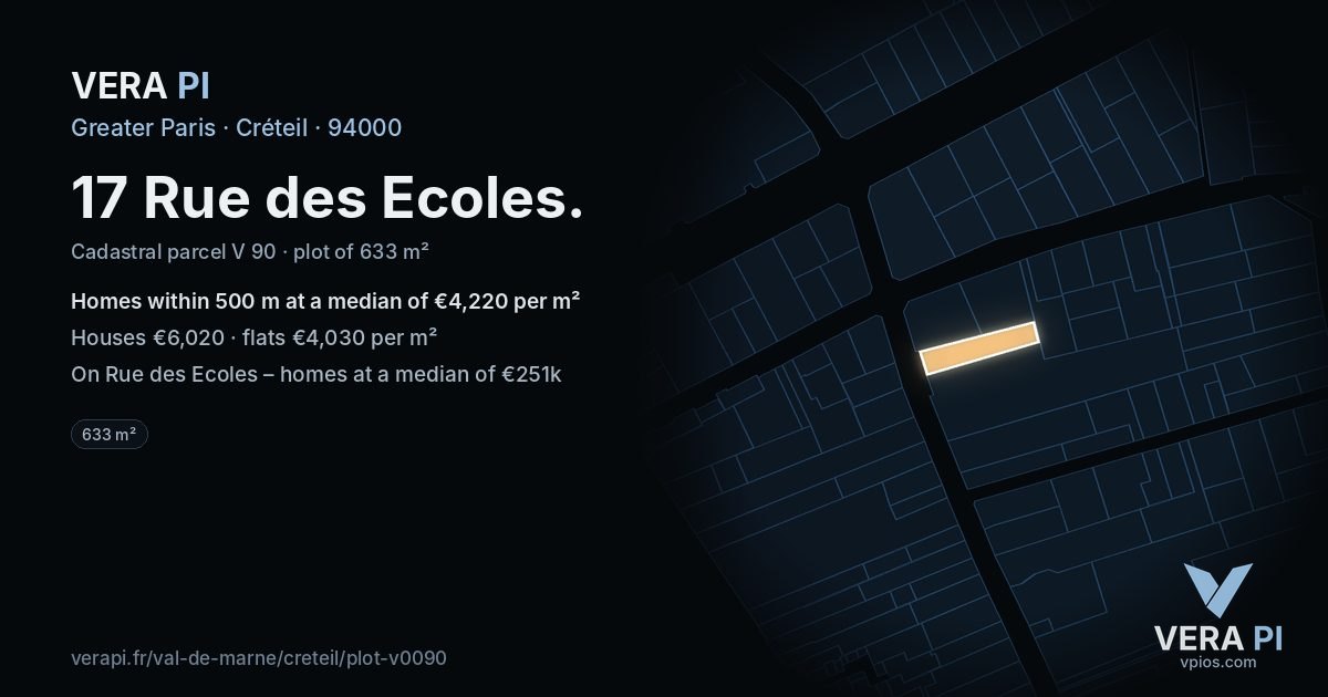 17 Rue des Ecoles, Créteil at night – the plot lit, the parcels around coloured by the prices near them