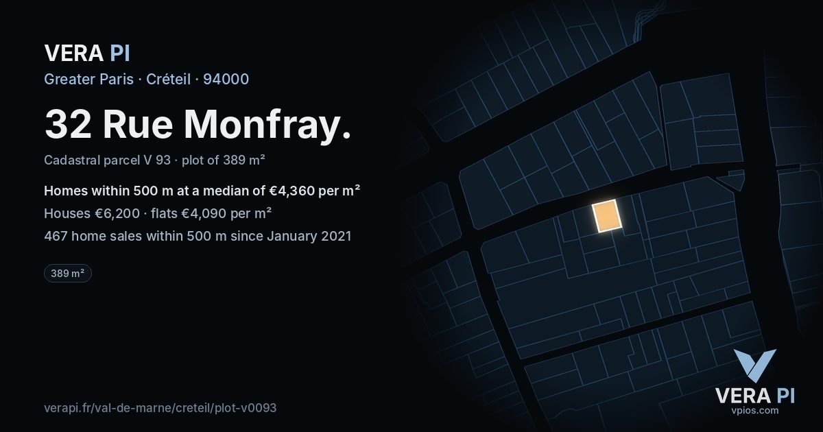 32 Rue Monfray, Créteil at night – the plot lit, the parcels around coloured by the prices near them