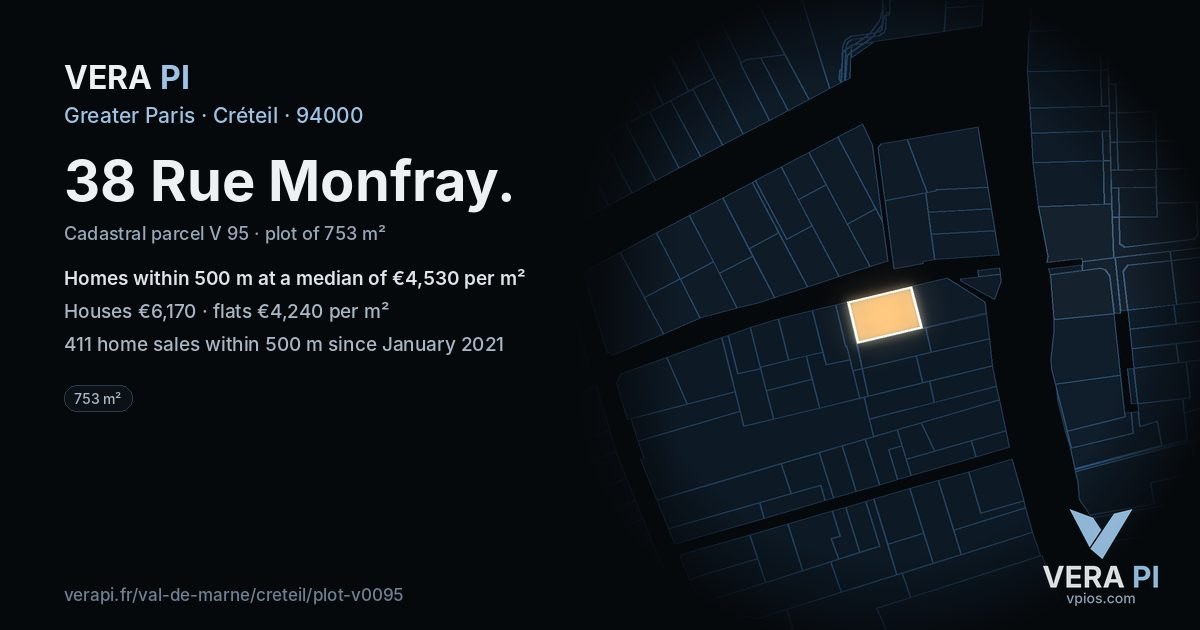 38 Rue Monfray, Créteil at night – the plot lit, the parcels around coloured by the prices near them