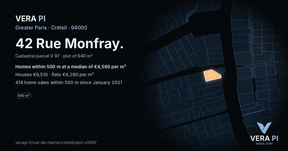 42 Rue Monfray, Créteil at night – the plot lit, the parcels around coloured by the prices near them