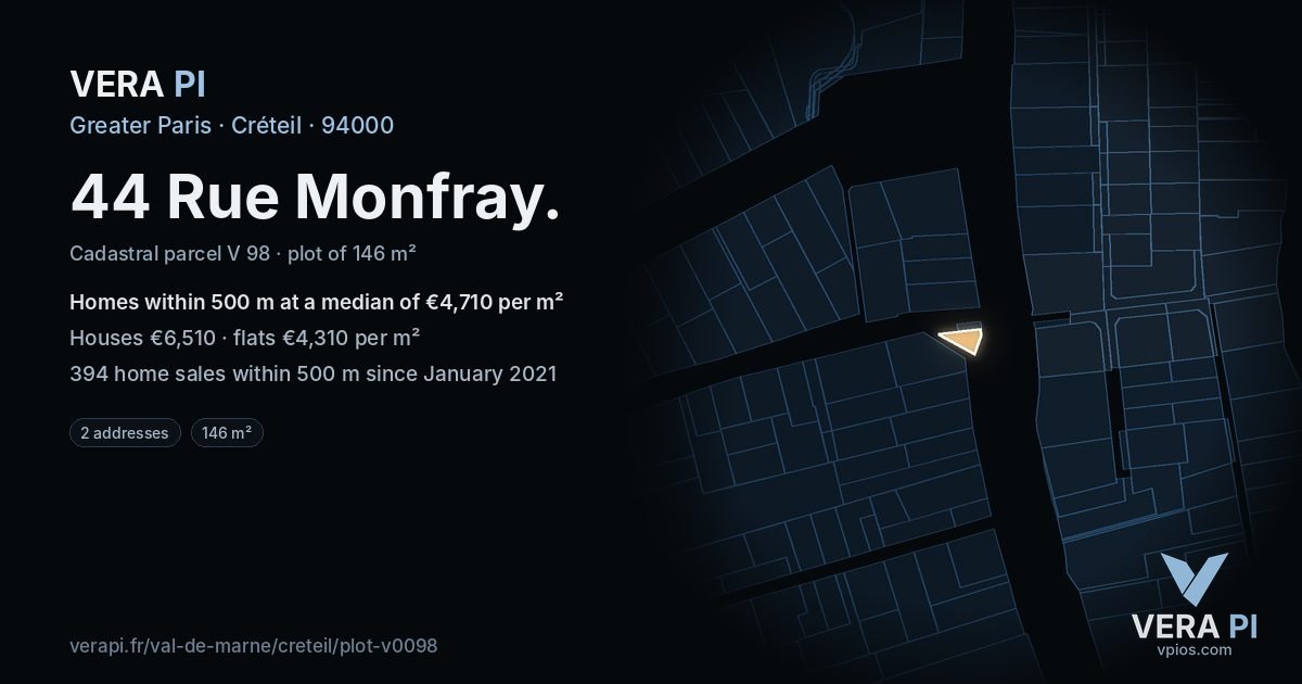 44 Rue Monfray, Créteil at night – the plot lit, the parcels around coloured by the prices near them