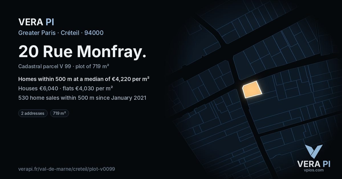 20 Rue Monfray, Créteil at night – the plot lit, the parcels around coloured by the prices near them