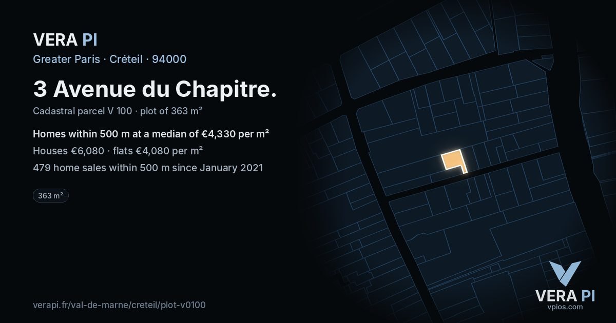 3 Avenue du Chapitre, Créteil at night – the plot lit, the parcels around coloured by the prices near them
