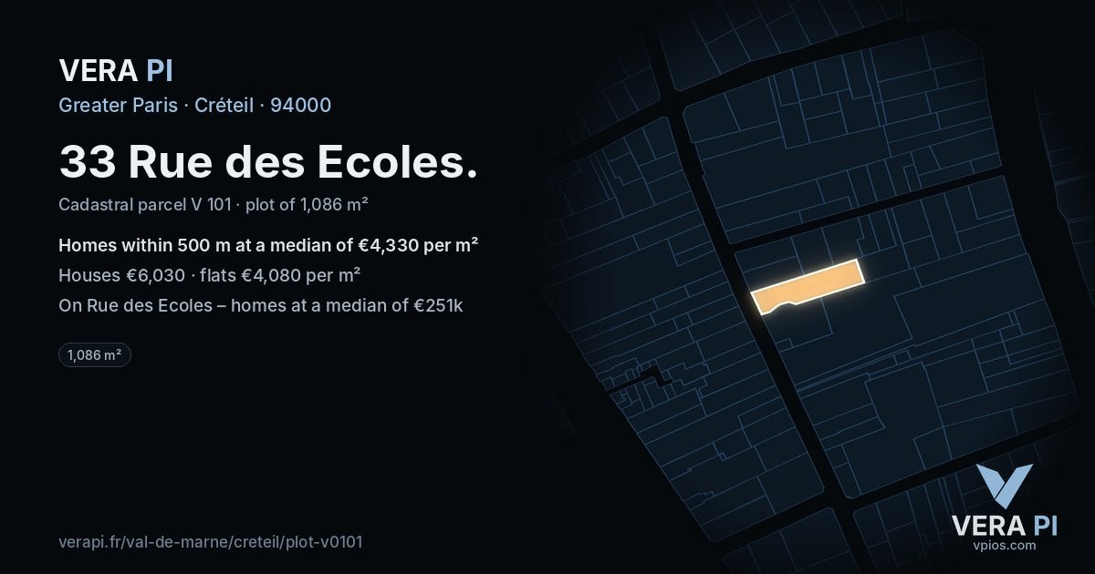 33 Rue des Ecoles, Créteil at night – the plot lit, the parcels around coloured by the prices near them